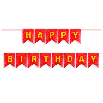 Гирлянда Флажки, Happy Birthday, Красный/Золото, Металлик, с блестками, 350 см, 17*12 см, 1 упак.