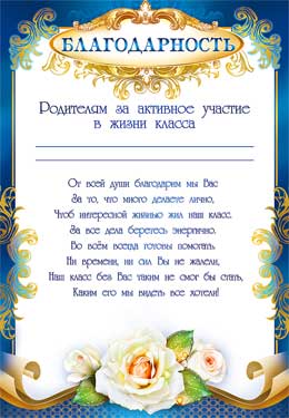 Благодарность за активное участие в жизни класса