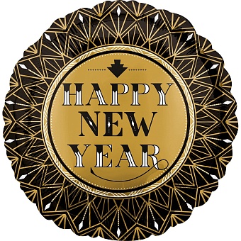 Шар (18''/46 см) Круг, Happy New Year (золотые грани), Черный, 1 шт.