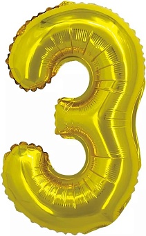 Шар с клапаном (16''/41 см) Мини-цифра, 3, Золото, Металлик, 1 шт.