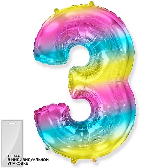 Шар (32''/81 см) Цифра, 3, Диагональная радуга, Градиент, 1 шт. в уп.