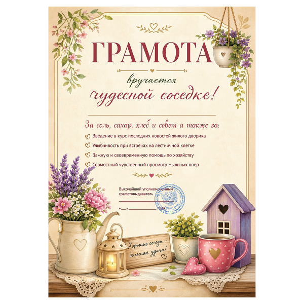 Грамота Чудесная соседка №1