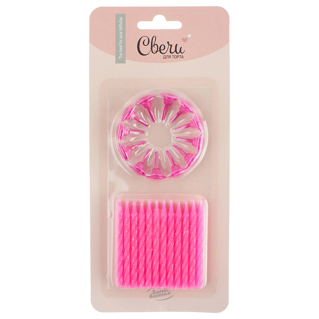 Свечи для торта - Свечи Сверкающий глиттер, Розовый, с блестками, 0,5*6 см, 24 шт. с держат.