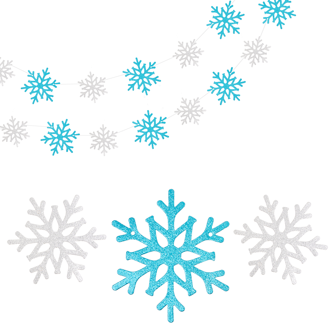 Конфетти и декор - Гирлянда-подвеска Снежинки, Серебро/Голубой, с блестками, 300 см, 10 см*9 шт, 1 упак.