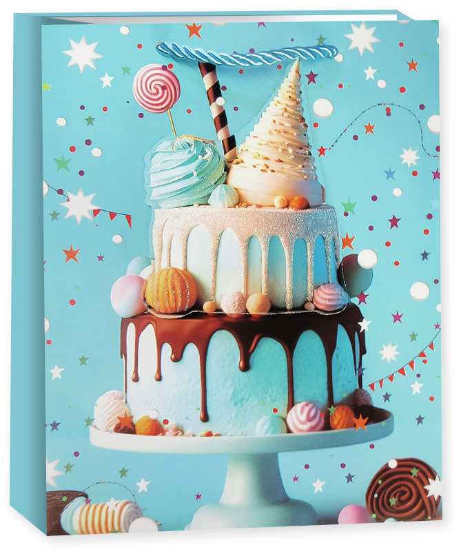 Пакеты - Пакет подарочный, 210гр, Сладкий День Рождения, Дизайн №1, с блестками, 41,5*30*12 см, 1 шт.