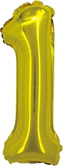 Шар с клапаном (16''/41 см) Мини-цифра, 1, Золото, Металлик, 1 шт.