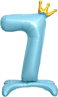 Шар (32''/81 см) Цифра на подставке, 7 Золотая корона, Голубой, 1 шт. в уп.