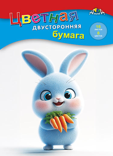 Цветная бумага двухсторонняя, А4, 16 л., 8 цв., "Пушистый зайка"