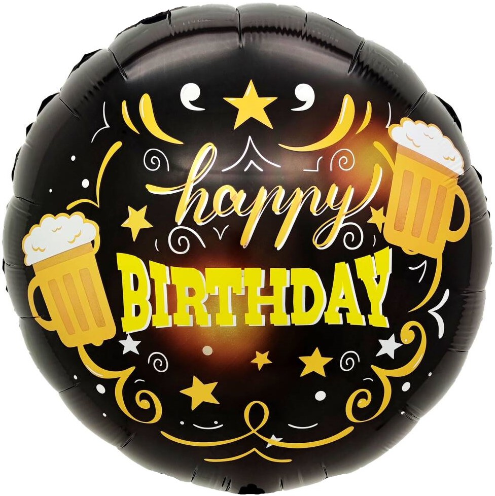 Сердца, круги и звезды с рисунком - Шар (18''/46 см) Круг, Happy Birthday (кружки пива), Черный, 1 шт.