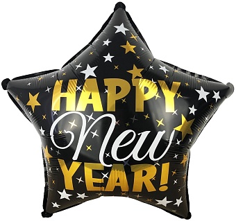 Шар (18''/46 см) Звезда, Happy New Year! (звездопад), Черный, 1 шт.