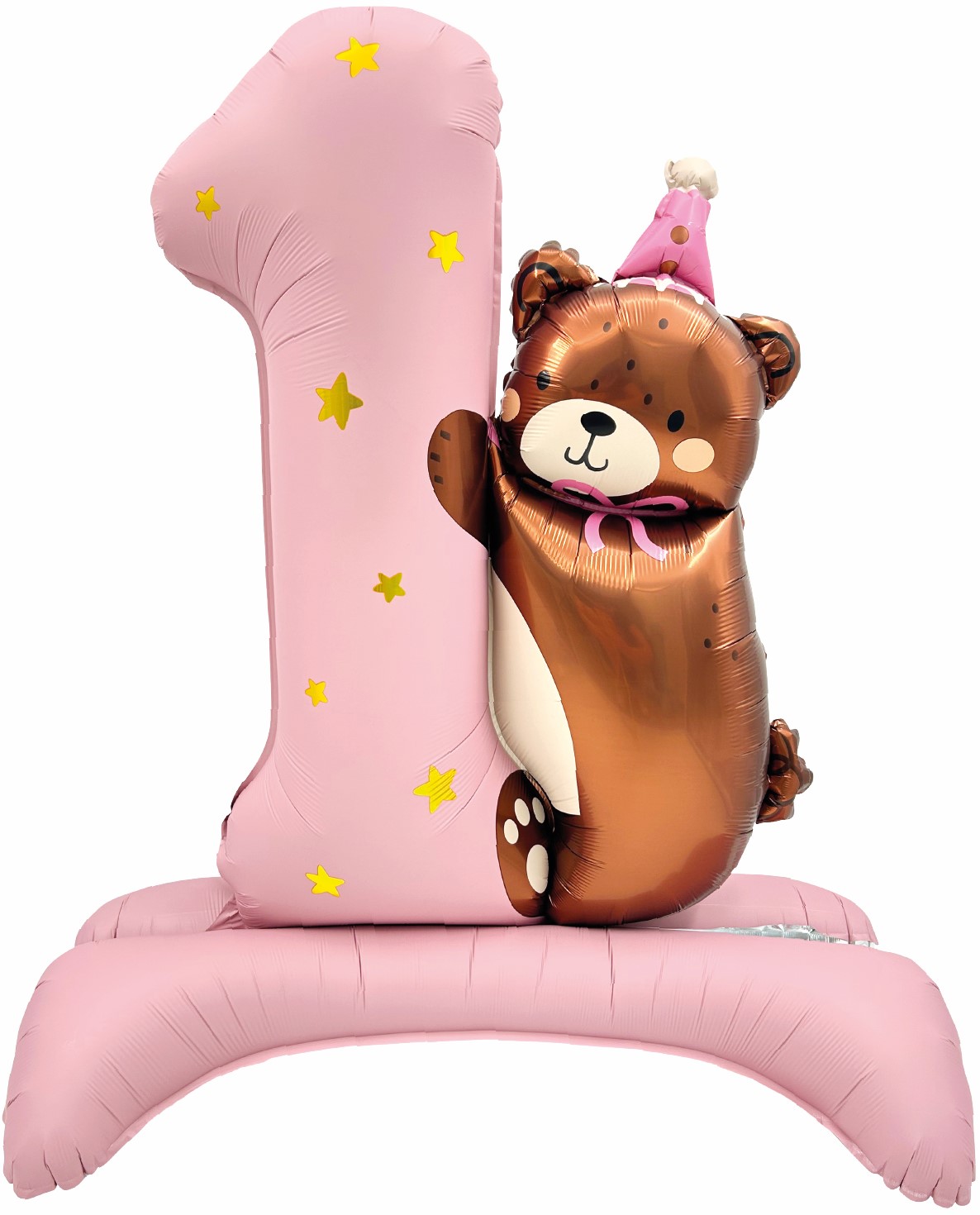 Цифры - Шар (35''/89 см) Цифра на подставке, 1 Годик, Мишка в колпачке, Розовый, Сатин, 1 шт. в уп.