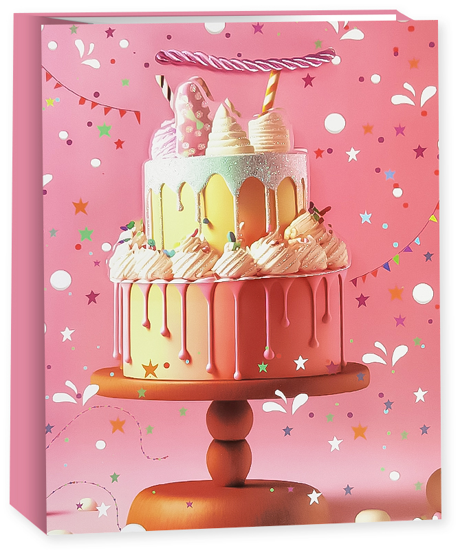 Пакеты - Пакет подарочный, 210гр, Сладкий День Рождения, Дизайн №2, с блестками, 23*18*10 см, 1 шт.