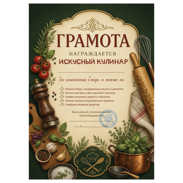 Грамота Искусный кулинар №1