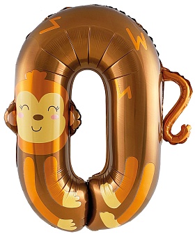 Шар (40''/102 см) Цифра, 0 Зверята, Обезьянка, 1 шт. в уп.