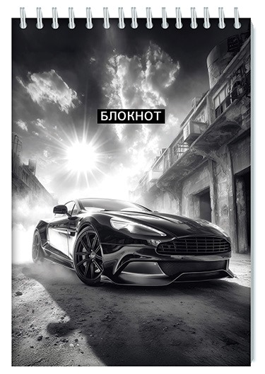 Блокнот на гребне, А5, 80 л., в клетку, картонная обложка, "Авто на черном"