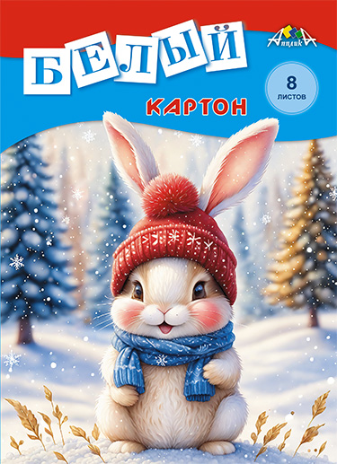 Цветной картон - Белый картон, А4, 8 л., "Зайка"