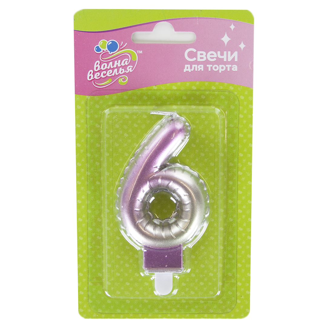 Свечи для торта - Свеча Цифра, 6, Розовый, Градиент, 7,5 см, 1 шт. с держат.