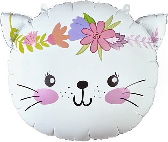 Шар (23''/58 см) Фигура, Котенок в цветах, Белый, 1 шт.