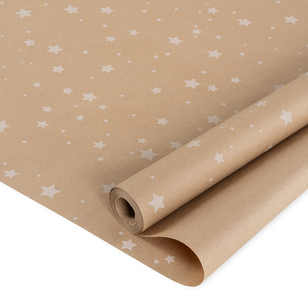 Упаковочная бумага - Упаковочная бумага, Крафт 50гр (0,6*10 м) Звезды Люкс, Белый, 1 шт.