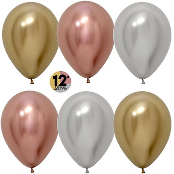 Круглые без рисунка - Шар (12''/30 см), Reflex, Зеркальный блеск, Ассорти Делюкс (968/970/981), хром, 50 шт.