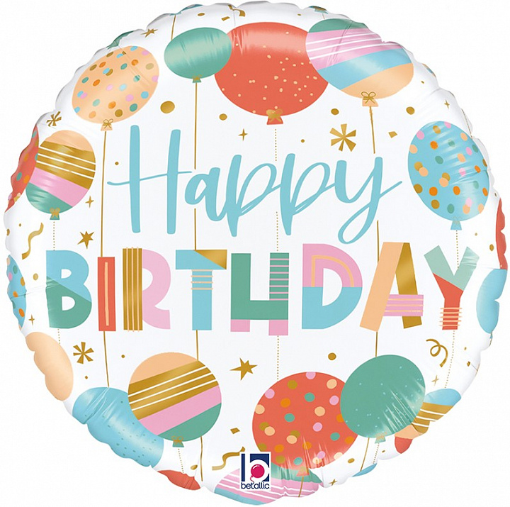 Шар (18''/46 см) Круг, Happy Birthday (воздушные шары), 1 шт.
