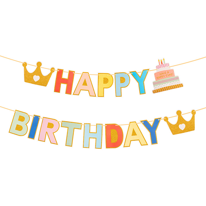 Гирлянда Happy Birthday (разноцветные буквы и короны), с блестками, 200 см, 1 упак.