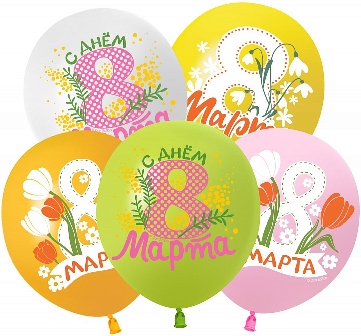 Шар (12''/30 см) 8 Марта, Весенние цветы, Ассорти, пастель, 1 ст, 25 шт.
