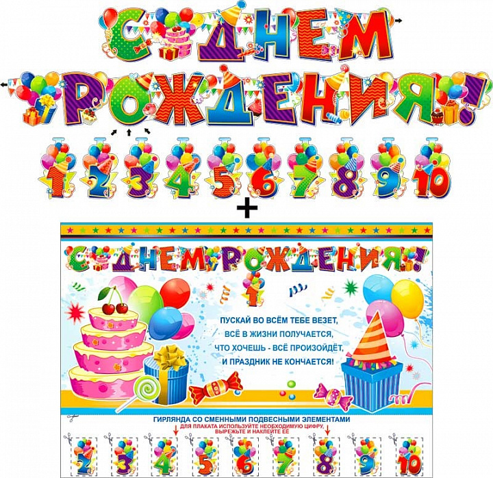 Гирлянда "С днем рождения" от 1 до 10 лет" + Плакат, УФ-лак