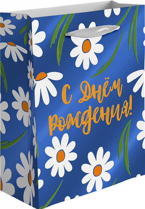 Пакет подарочный, 210гр, С Днем Рождения! (ромашки), Металлик, 32*26*12 см, 1 шт.