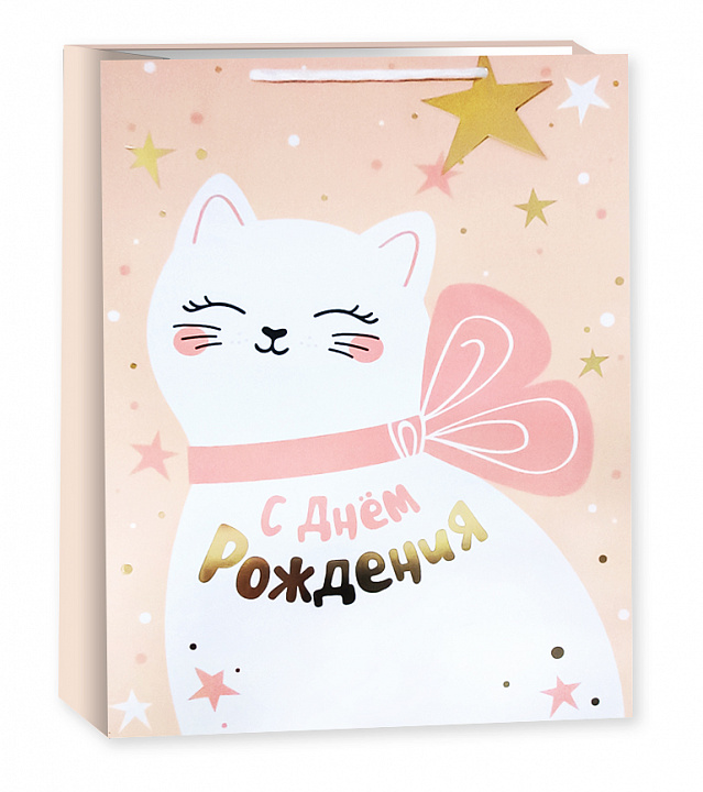 Пакет подарочный, 210гр, Кошечка с бантом, Металлик, 23*18*10 см, 1 шт.