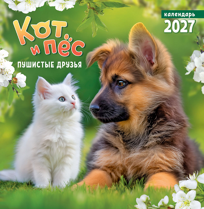 СРЕДНИЙ перекидной настенный календарь на скрепке на 2027 год "Кот и пёс. Пушистые друзья"