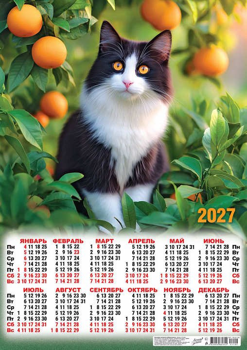 Листовой календарь на 2027 год А2 "Кошки. Мандариновое настроение"