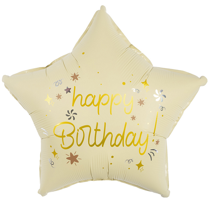 Шар (18''/46 см) Звезда, Happy Birthday (звездочки), Кремовый, Сатин, 1 шт. в уп.