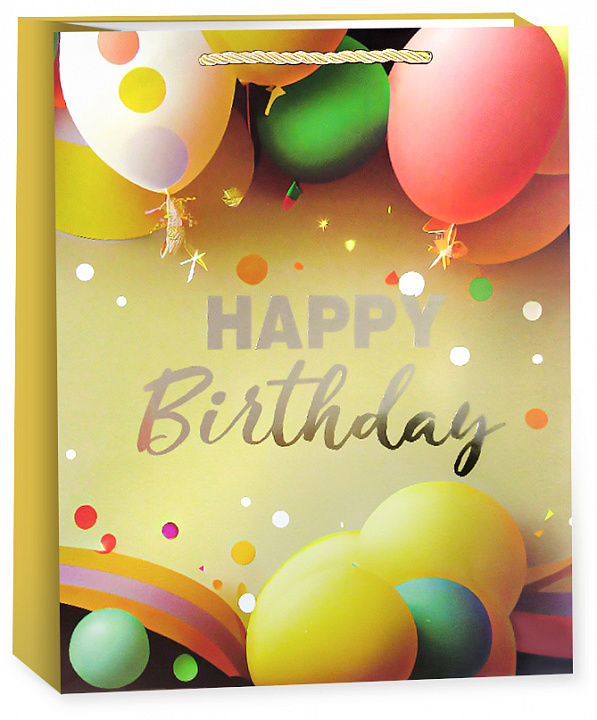 Пакет подарочный, 210гр, Happy Birthday, Праздничный микс, Дизайн №4, Металлик, 32*26*10 см, 1 шт.