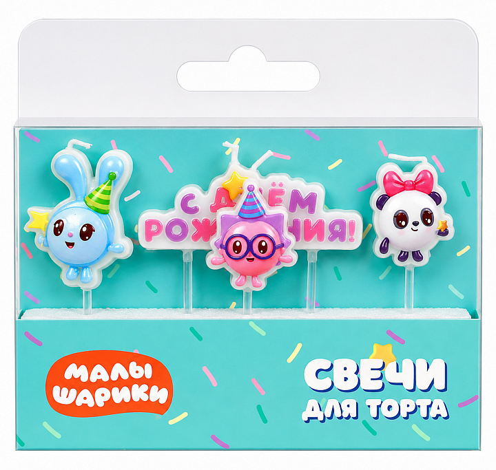 Свечи Малышарики, С Днем Рождения!, 6,2 + 4 см, 4 шт. с держат.
