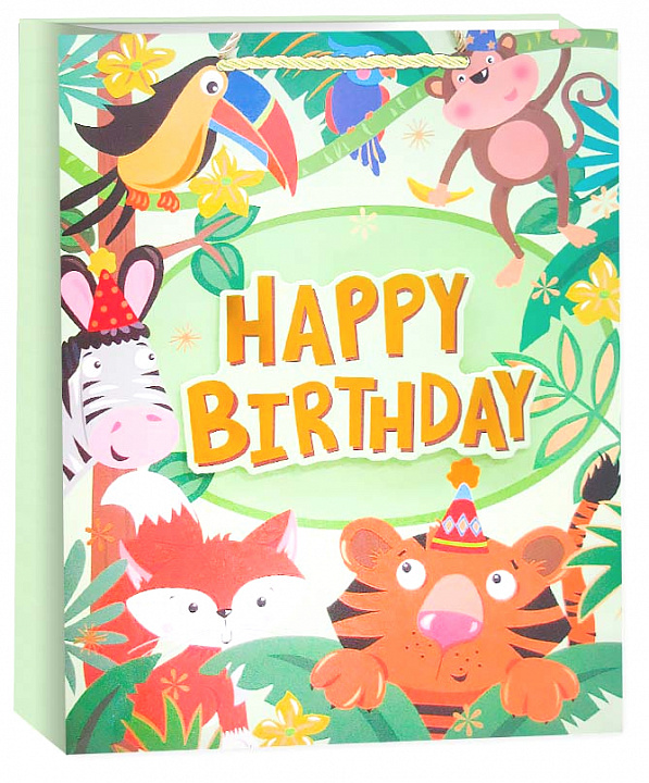 Пакет подарочный, 210гр, Happy Birthday, Детский праздник, Дизайн №1, Металлик, 32*26*12 см, 1 шт.