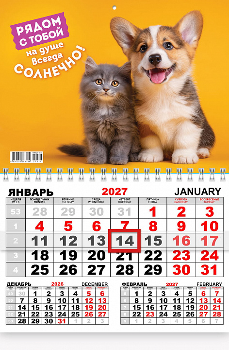 Квартальный одноблочный календарь 2027 "Кот и пёс"