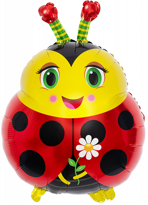 Шар с клапаном (16''/41 см) Мини-фигура, Божья коровка с цветком, 5 шт. в уп.