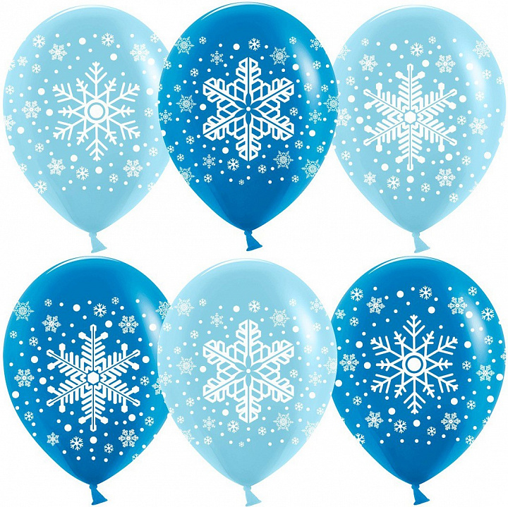 Шар (12''/30 см) Снежинки, Голубой/Синий, пастель, 5 ст, 25 шт.