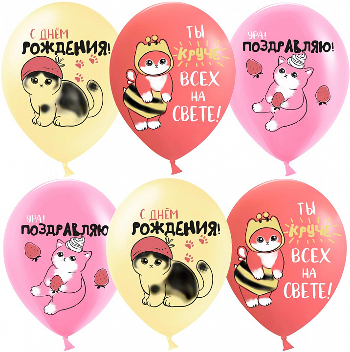 Шар (12''/30 см) С Днем Рождения! (котятки), Ассорти, пастель, 1 ст, 25 шт.